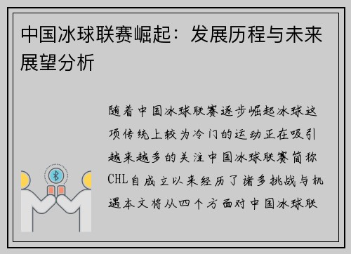 中国冰球联赛崛起：发展历程与未来展望分析