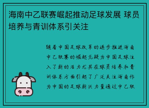 海南中乙联赛崛起推动足球发展 球员培养与青训体系引关注