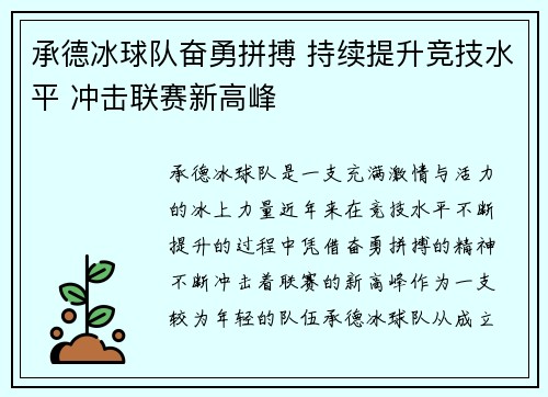 承德冰球队奋勇拼搏 持续提升竞技水平 冲击联赛新高峰